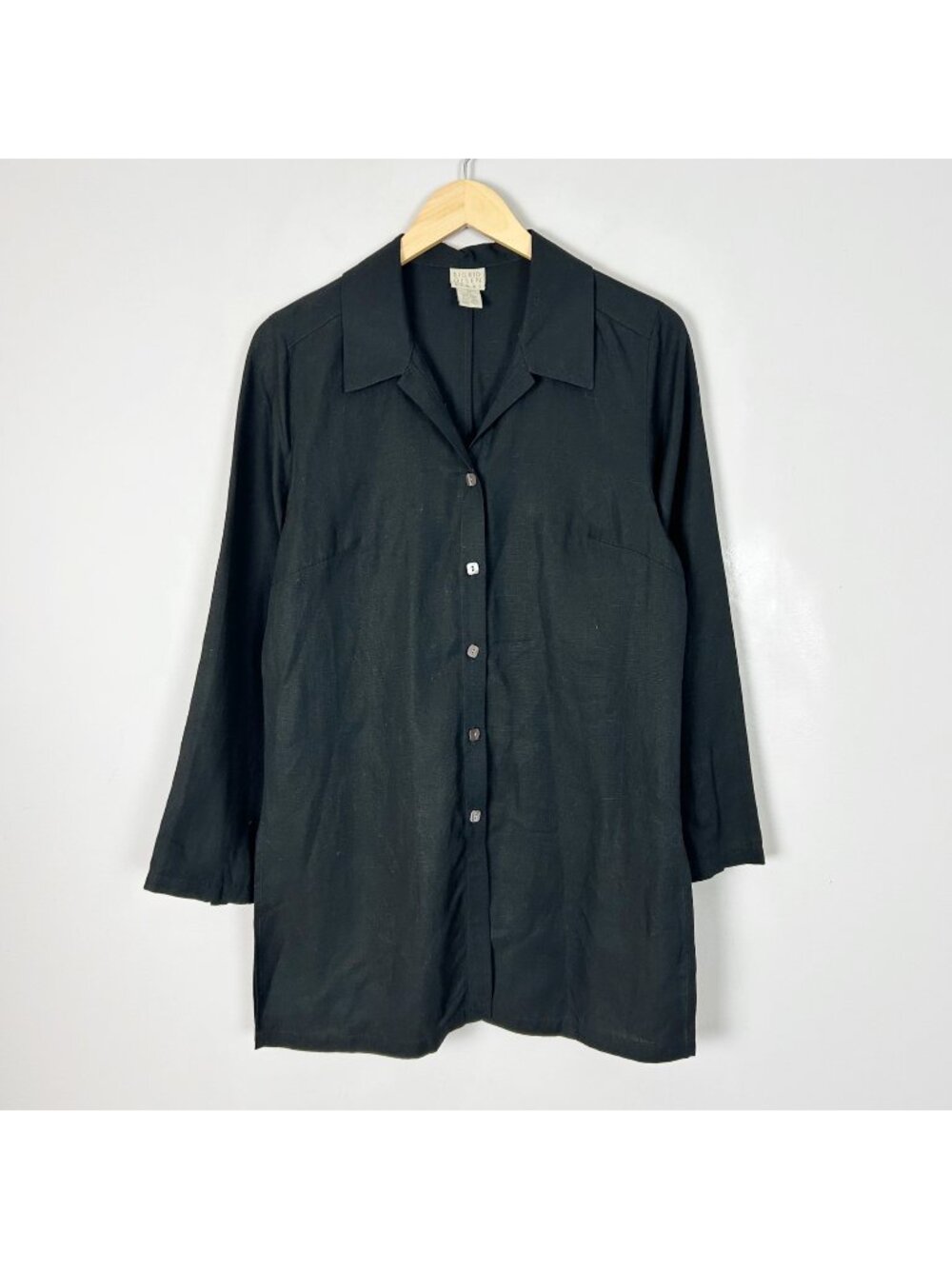 Sigrid Olsen Sport Black Tunic Button Front Blouse Top Linen Blend Size 10 Women
